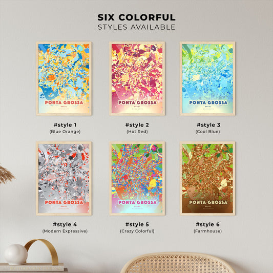 Colorful PONTA GROSSA BRAZIL Fine Art Map Blue Orange