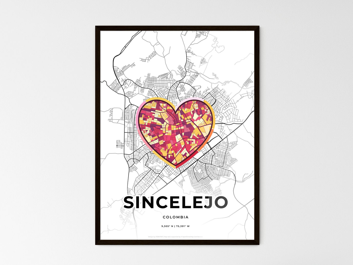 Sincelejo Colombia wedding art map with heart icon