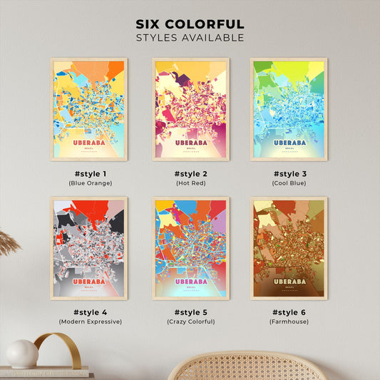 Colorful UBERABA BRAZIL Fine Art Map Blue Orange