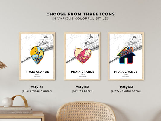 Praia Grande Brazil maps with colorful icons