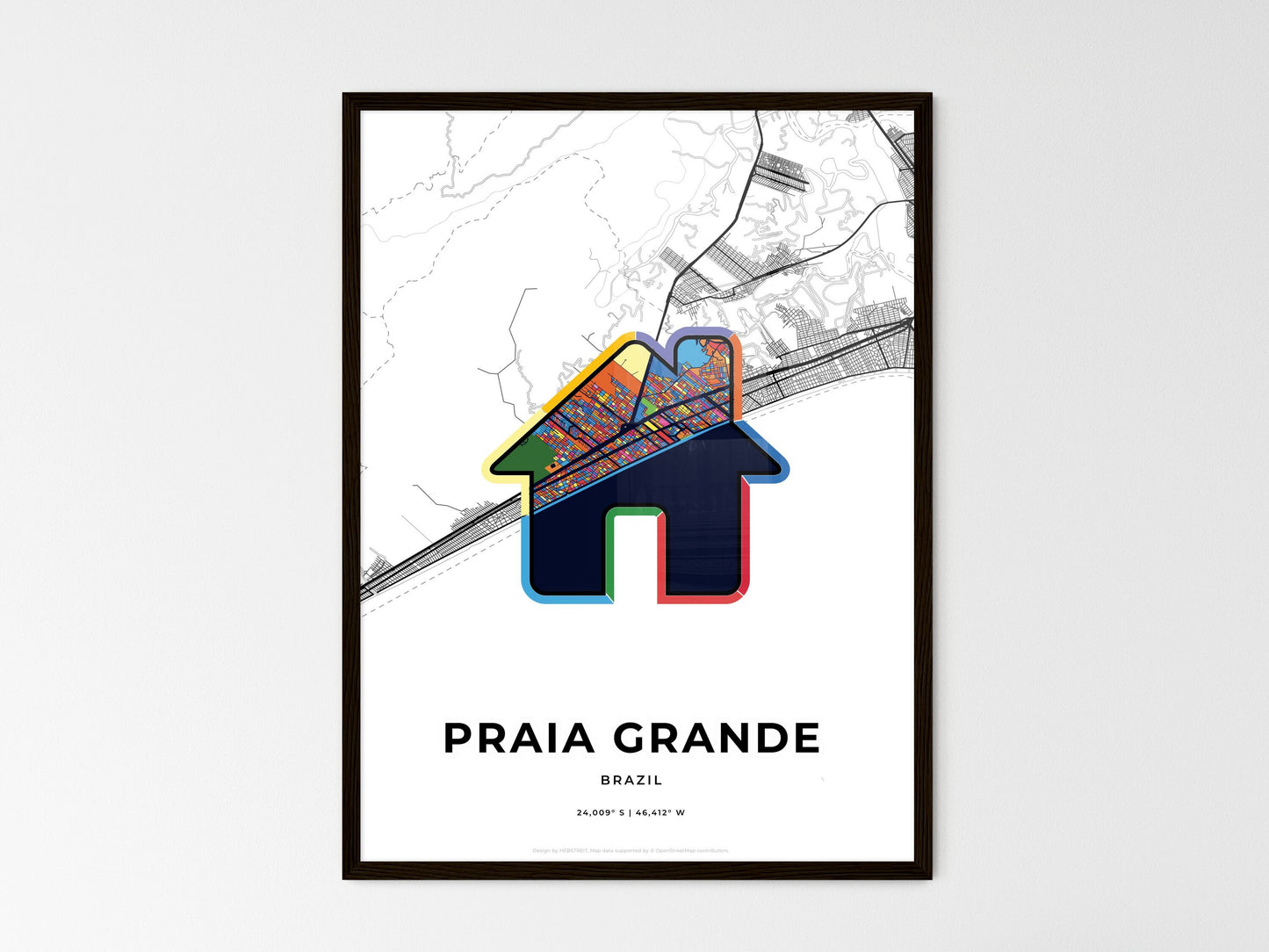 Praia Grande Brazil wedding art map with home icon