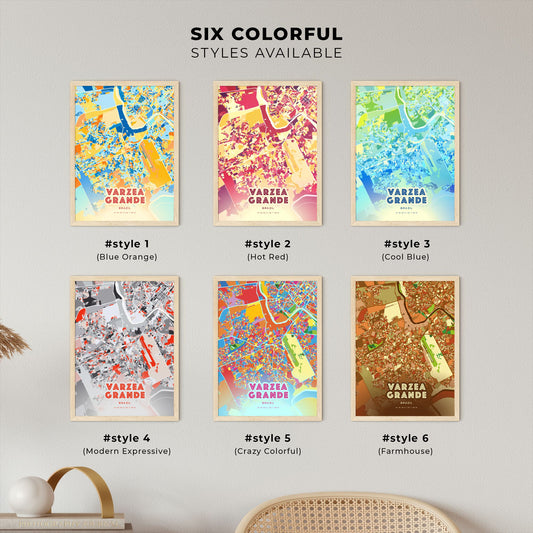 Colorful VARZEA GRANDE BRAZIL Fine Art Map Blue Orange