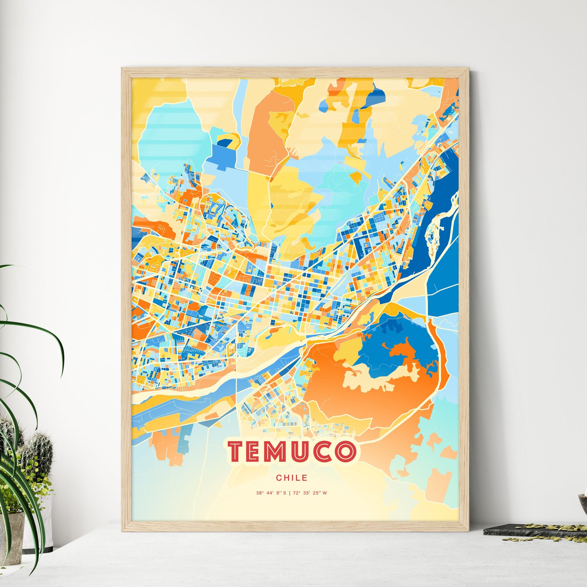 Colorful TEMUCO CHILE Fine Art Map Blue Orange