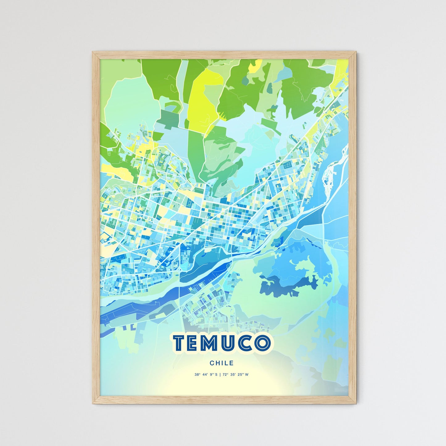 Colorful TEMUCO CHILE Fine Art Map Cool Blue