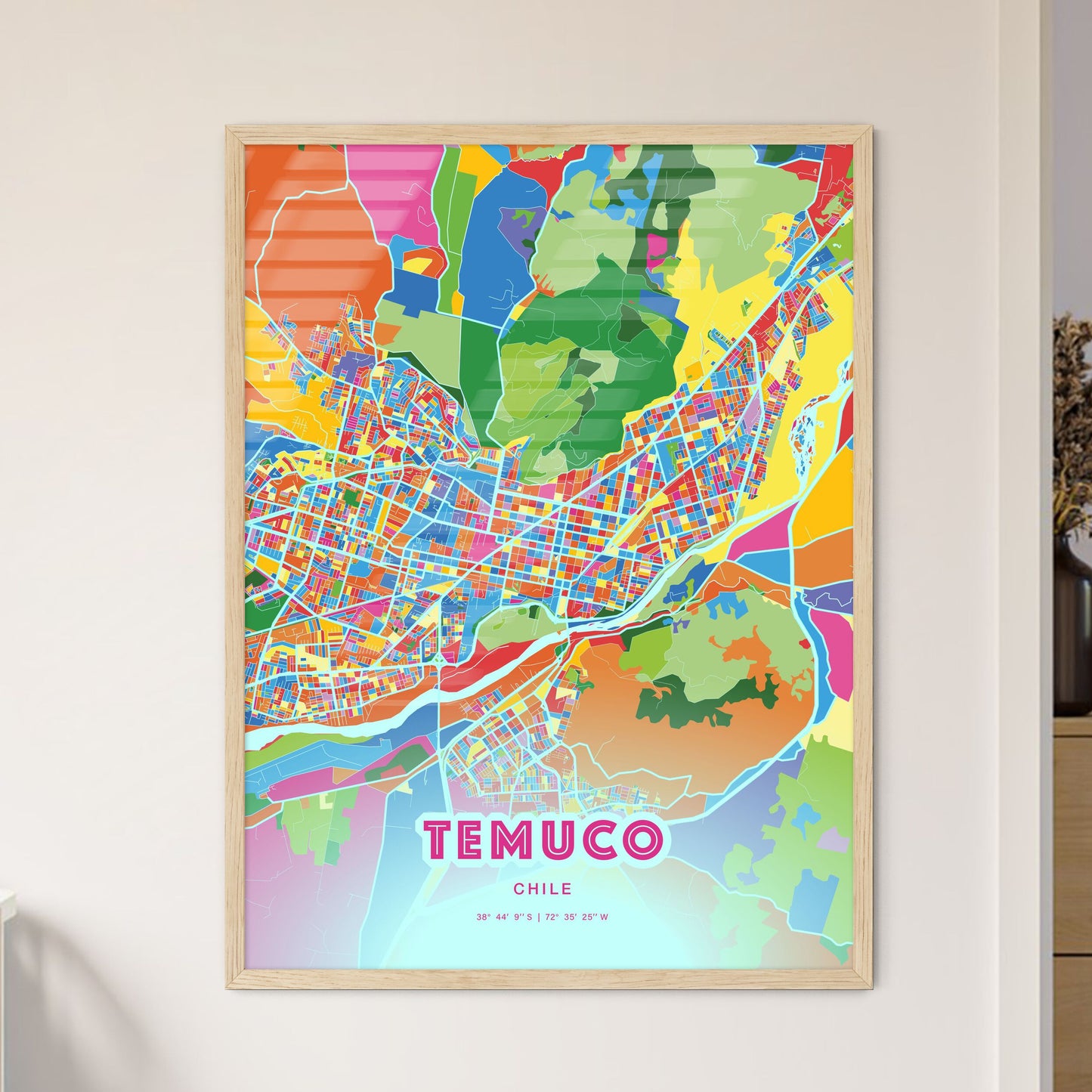 Colorful TEMUCO CHILE Fine Art Map Crazy Colors