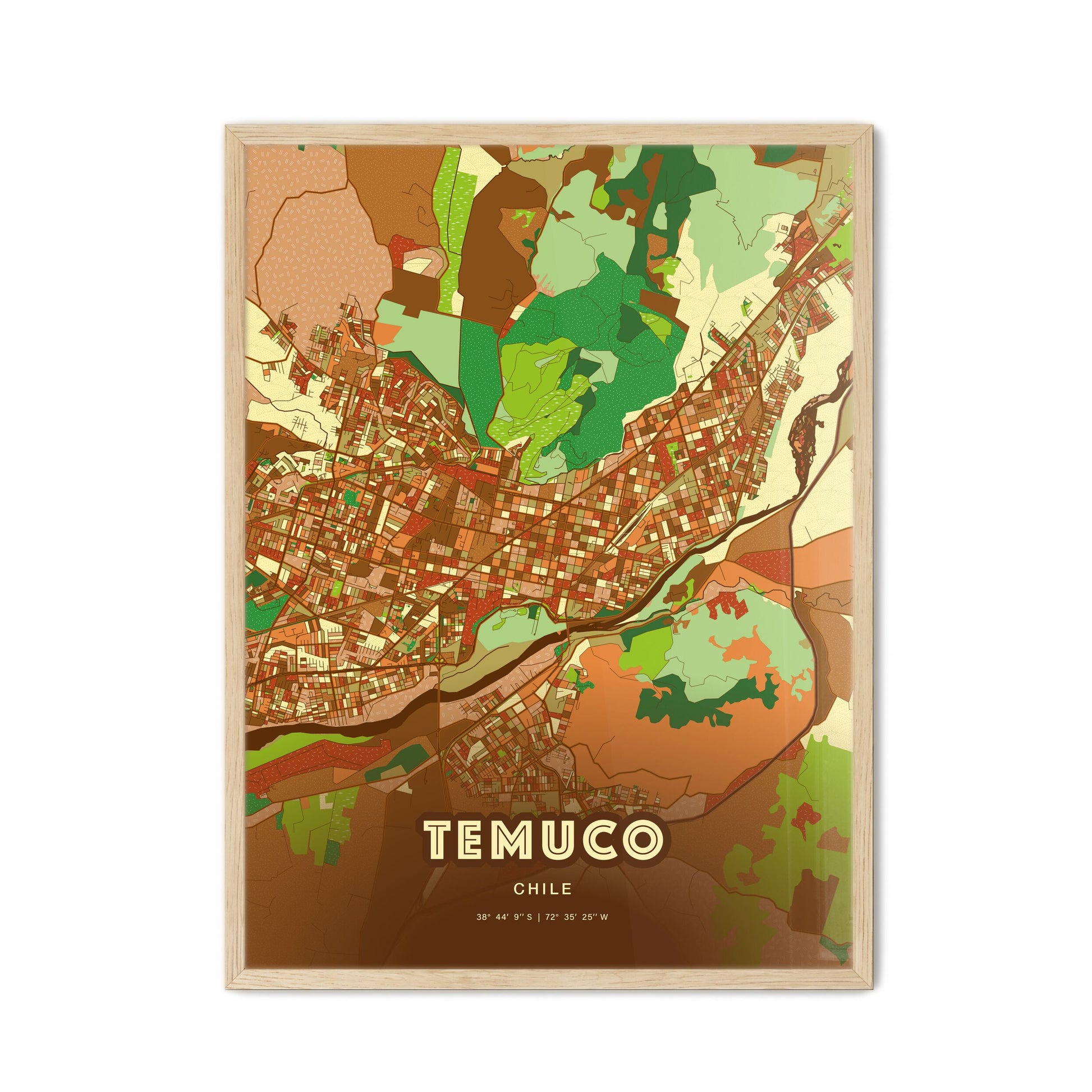 Colorful TEMUCO CHILE Fine Art Map Farmhouse