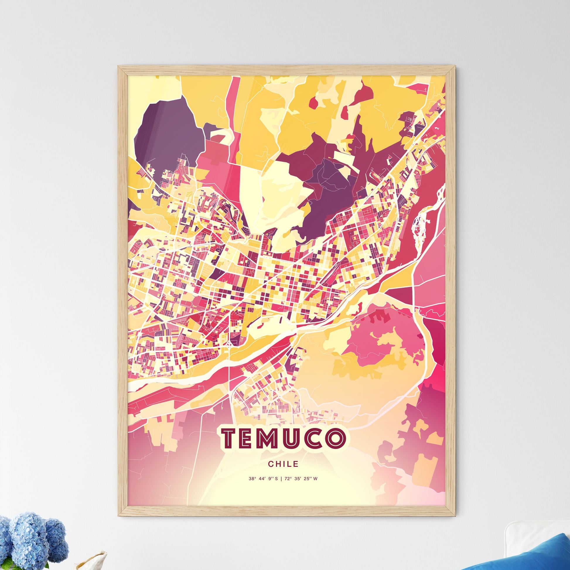 Colorful TEMUCO CHILE Fine Art Map Hot Red