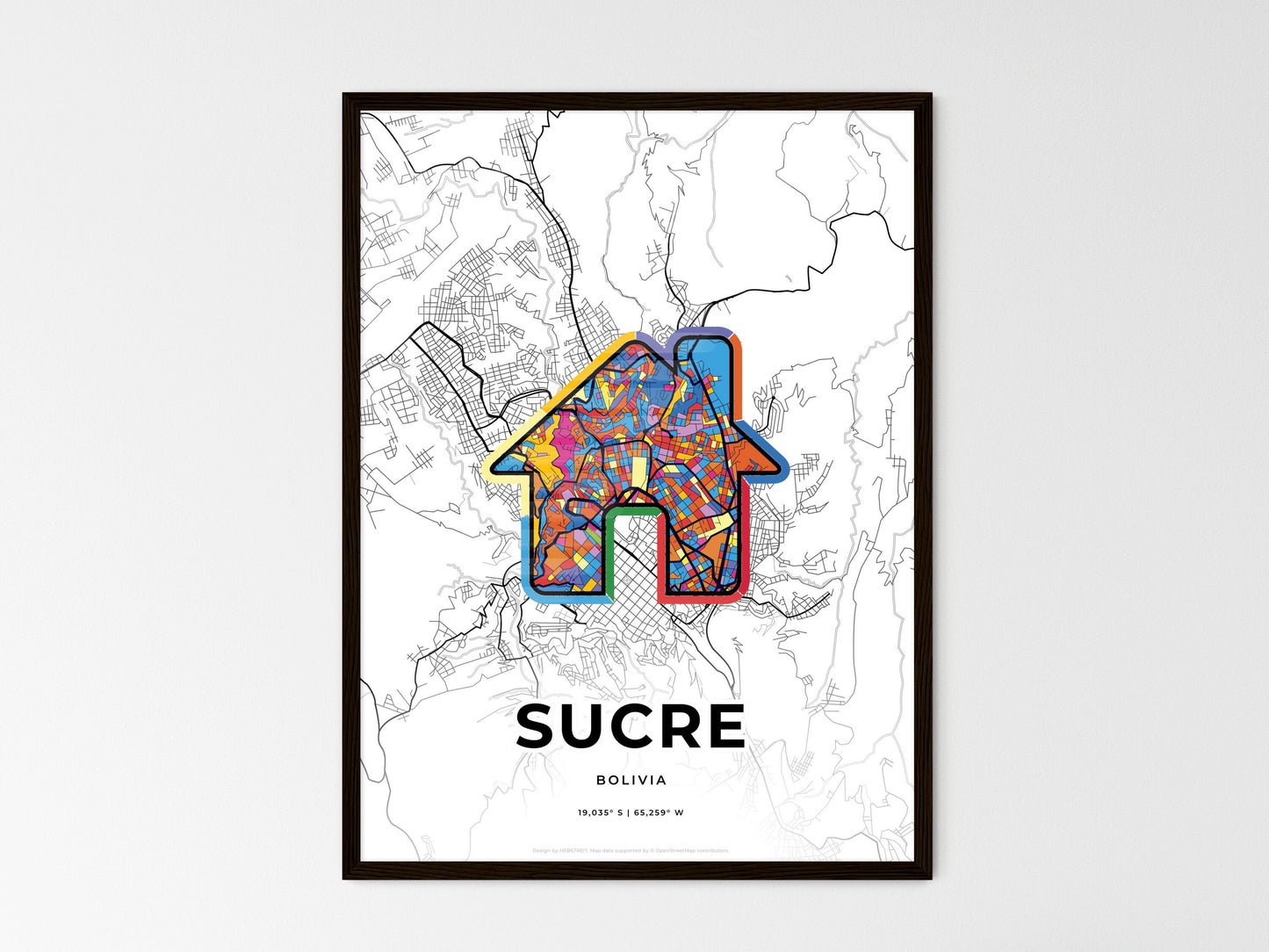 Sucre Bolivia wedding art map with home icon
