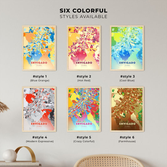 Colorful ENVIGADO COLOMBIA Fine Art Map Blue Orange
