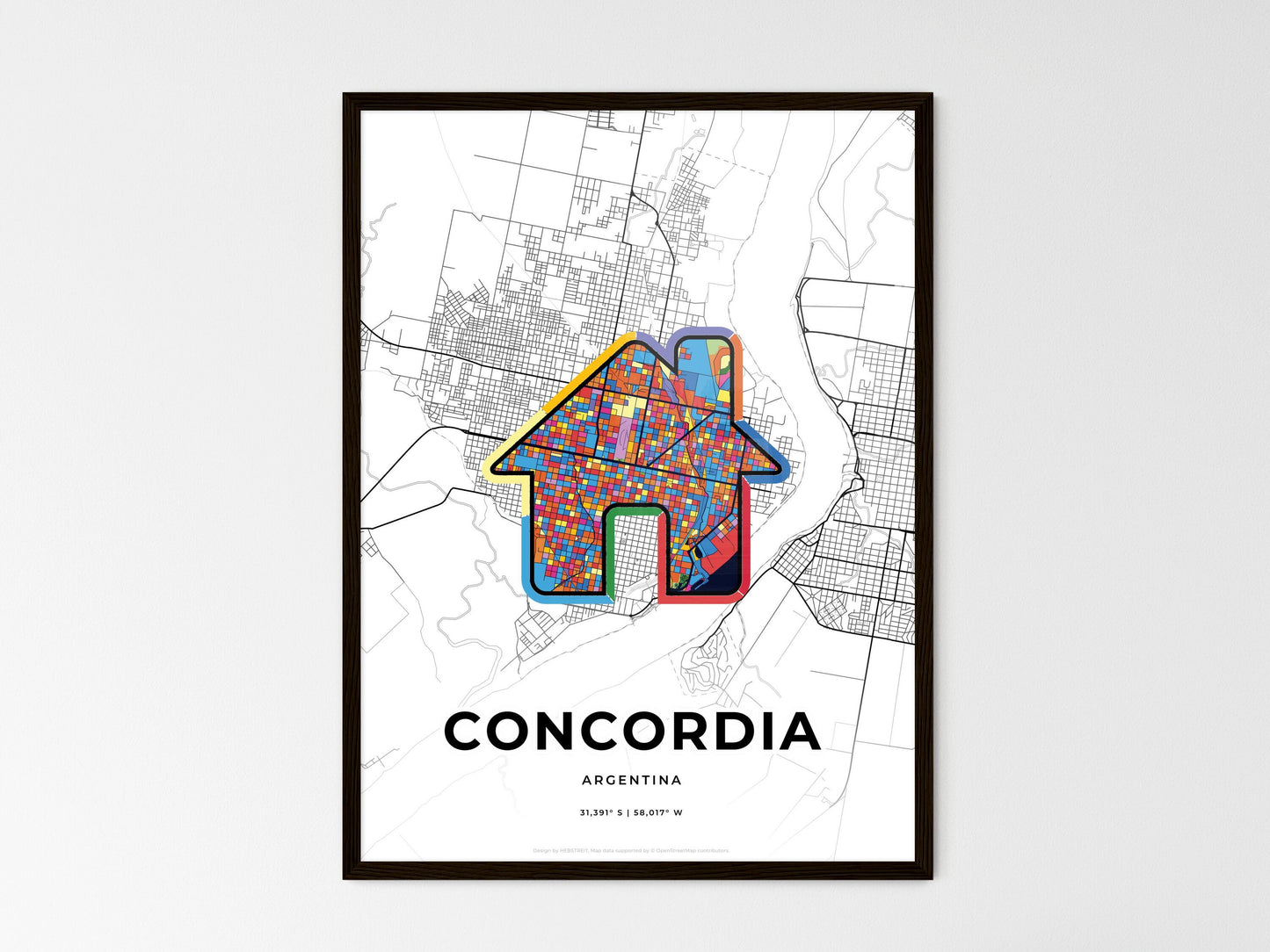 Concordia Argentina wedding art map with home icon
