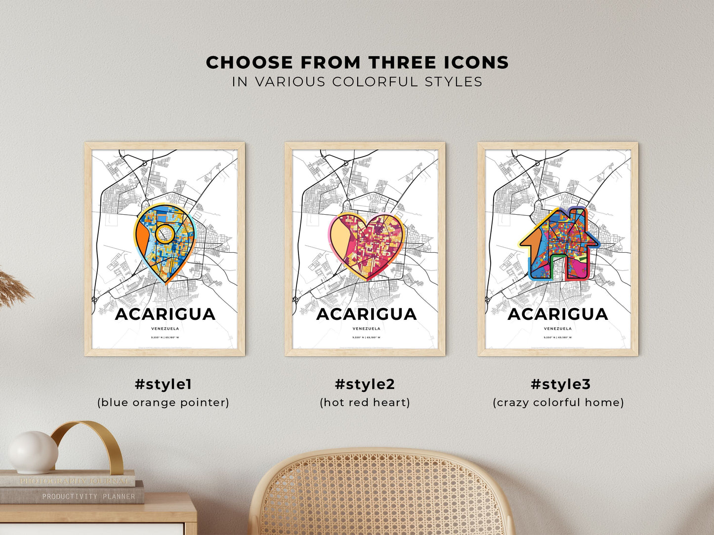 ACARIGUA VENEZUELA minimal art map with a colorful icon. Where it all began, Couple map gift.