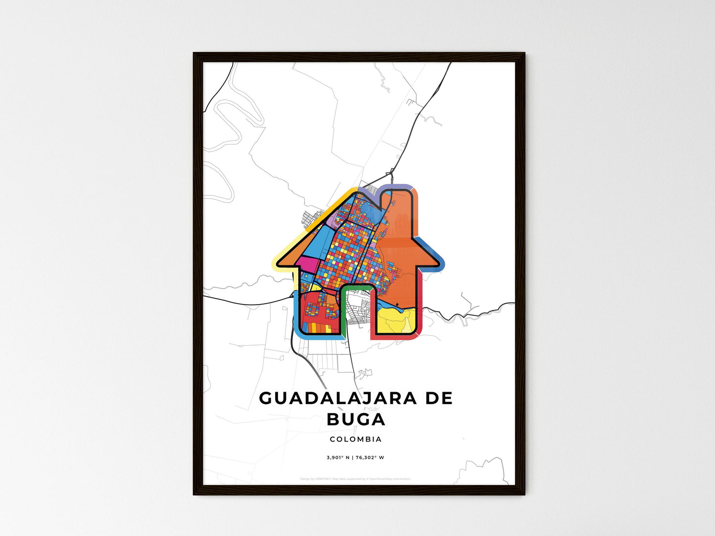 Guadalajara De Buga Colombia wedding art map with home icon