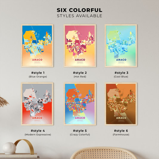 Colorful ANACO VENEZUELA Fine Art Map Blue Orange