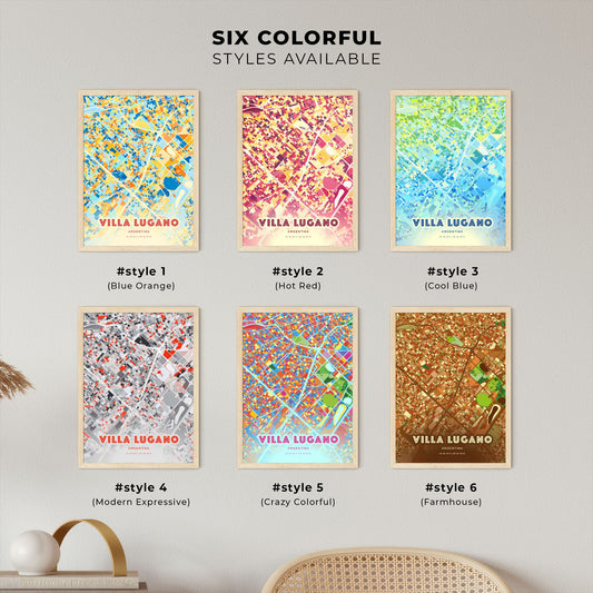 Colorful VILLA LUGANO ARGENTINA Fine Art Map Blue Orange