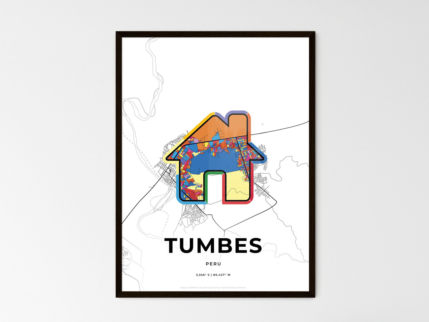 Tumbes Peru wedding art map with home icon