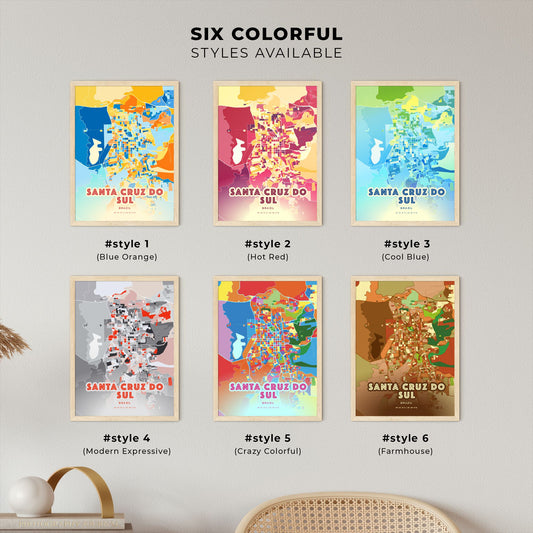 Colorful SANTA CRUZ DO SUL BRAZIL Fine Art Map Blue Orange