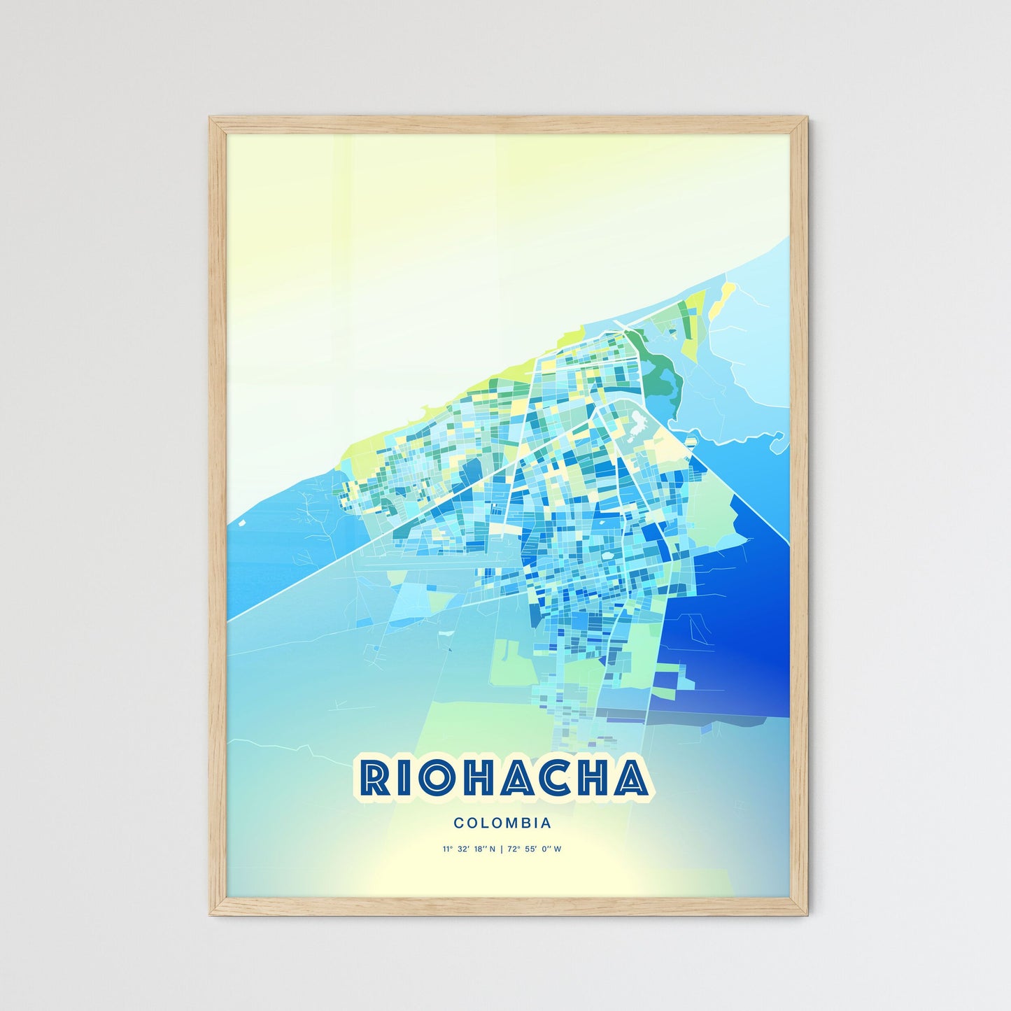 Colorful RIOHACHA COLOMBIA Fine Art Map Cool Blue