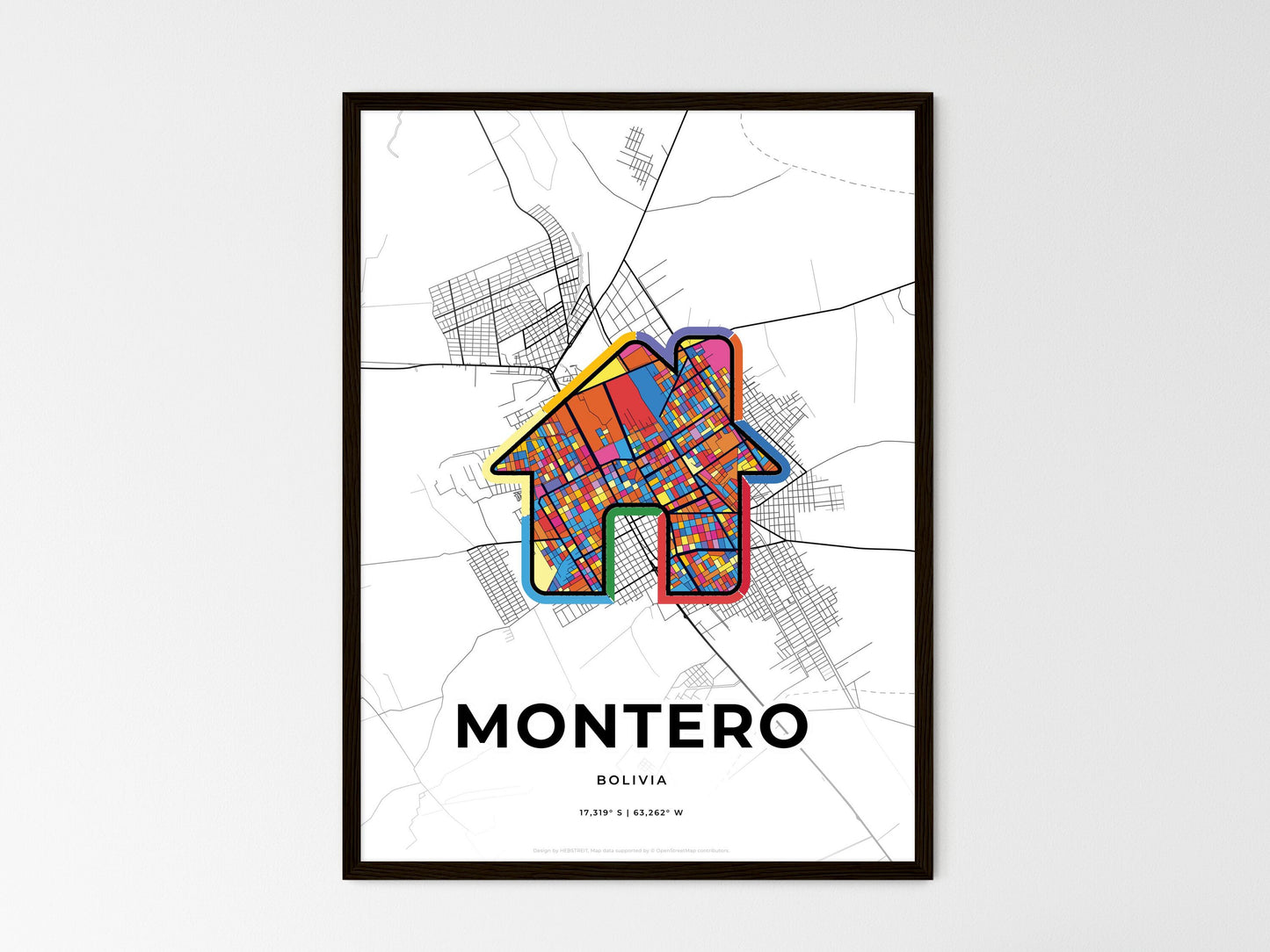 Montero Bolivia wedding art map with home icon
