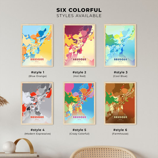 Colorful BRUSQUE BRAZIL Fine Art Map Blue Orange