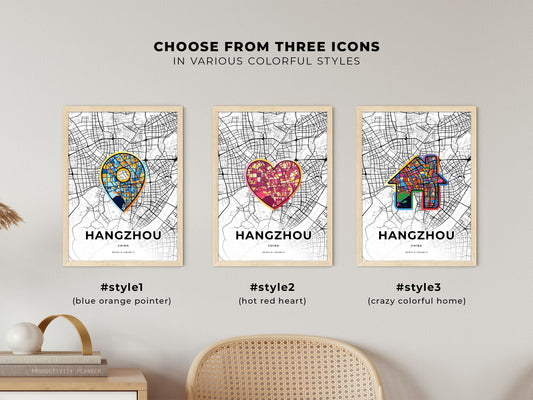 Hangzhou China maps with colorful icons