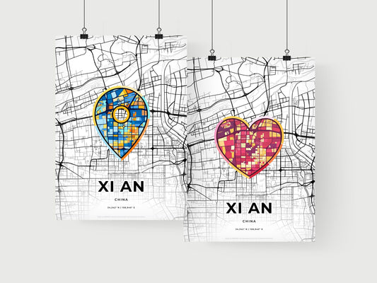 XI AN CHINA minimal art map with a colorful icon. Where it all began, Couple map gift.
