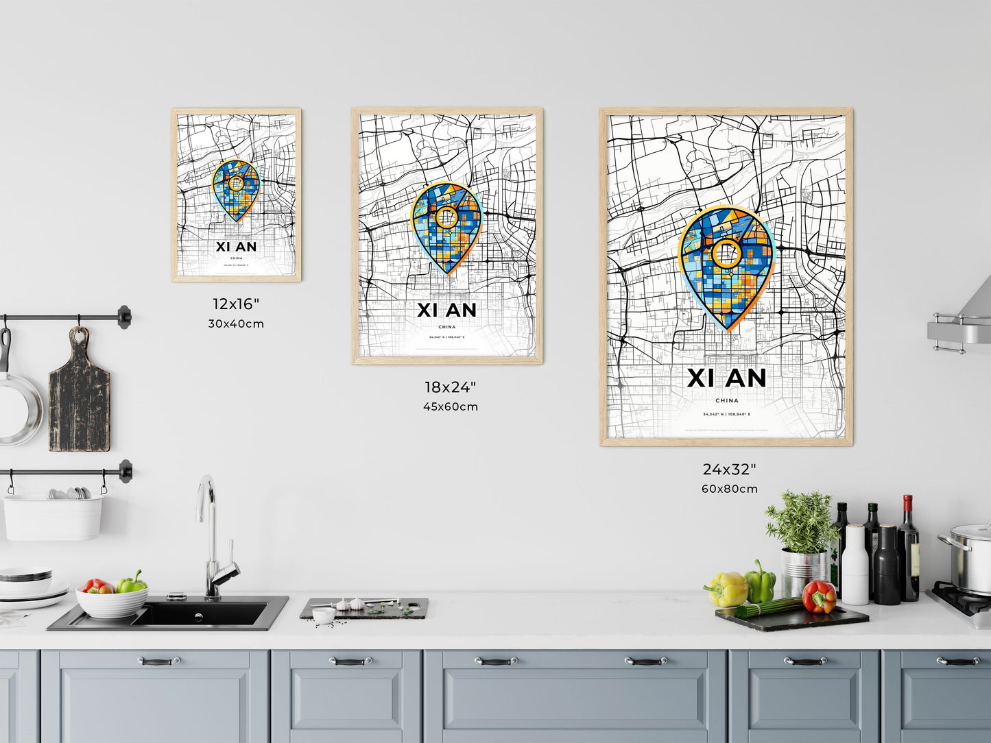 XI AN CHINA minimal art map with a colorful icon. Where it all began, Couple map gift.