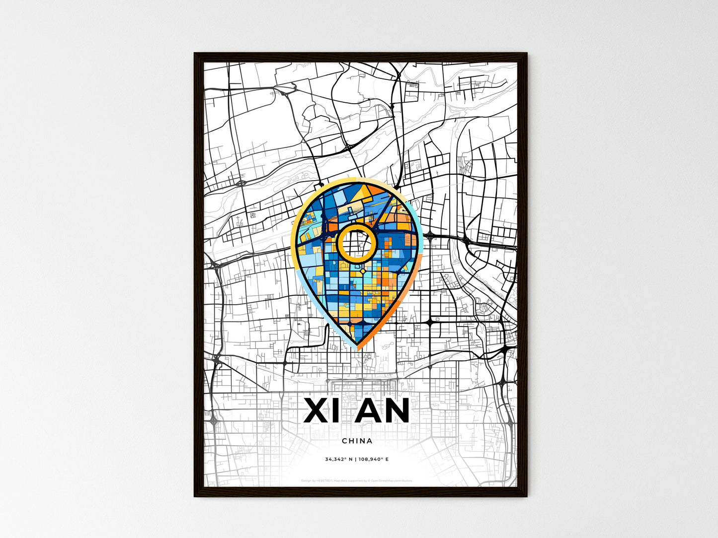 XI AN CHINA minimal art map with a colorful icon. Where it all began, Couple map gift. Style 1