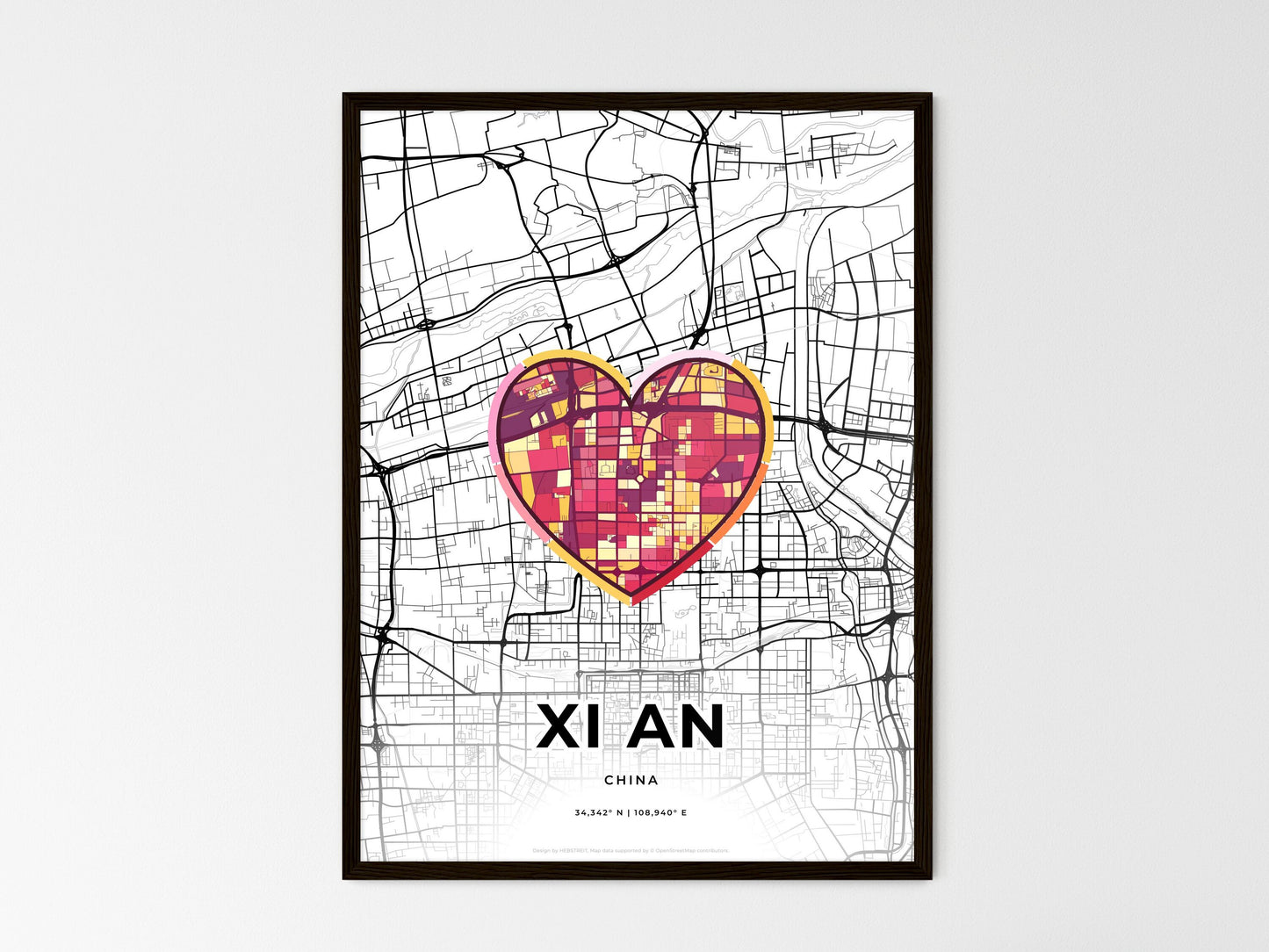 XI AN CHINA minimal art map with a colorful icon. Where it all began, Couple map gift. Style 2