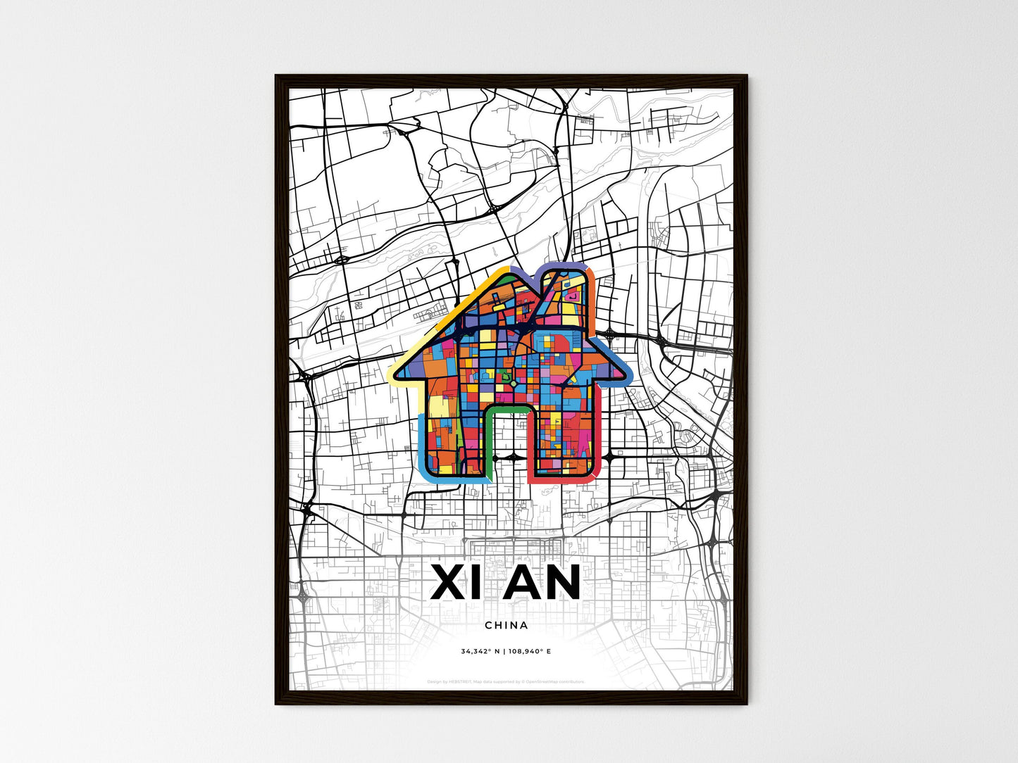 XI AN CHINA minimal art map with a colorful icon. Where it all began, Couple map gift. Style 3