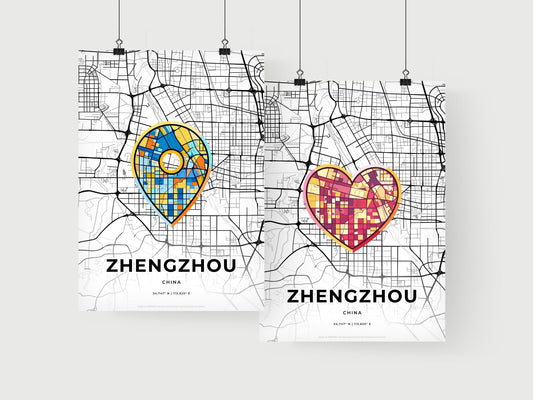 ZHENGZHOU CHINA minimal art map with a colorful icon. Where it all began, Couple map gift.