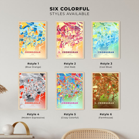 Colorful ZHONGSHAN CHINA Fine Art Map Blue Orange