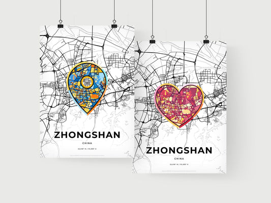 ZHONGSHAN CHINA minimal art map with a colorful icon. Where it all began, Couple map gift.