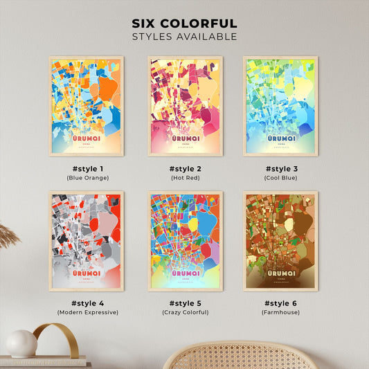 Colorful ÜRUMQI CHINA Fine Art Map Blue Orange