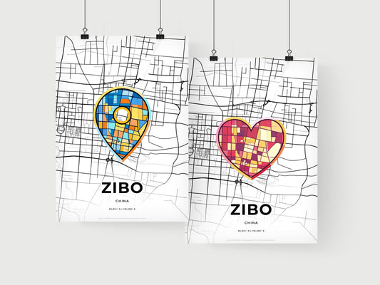 ZIBO CHINA minimal art map with a colorful icon. Where it all began, Couple map gift.