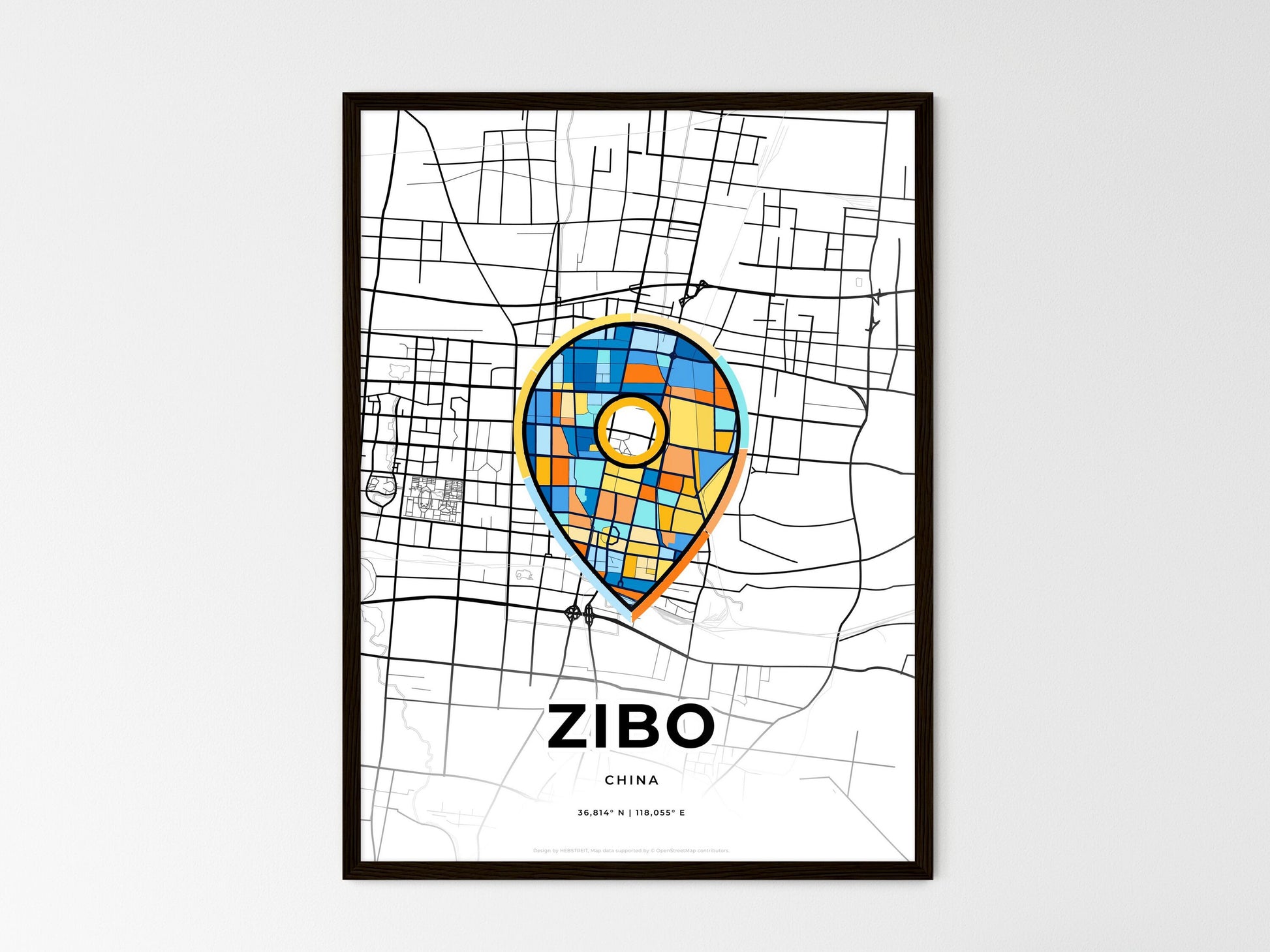 ZIBO CHINA minimal art map with a colorful icon. Where it all began, Couple map gift. Style 1