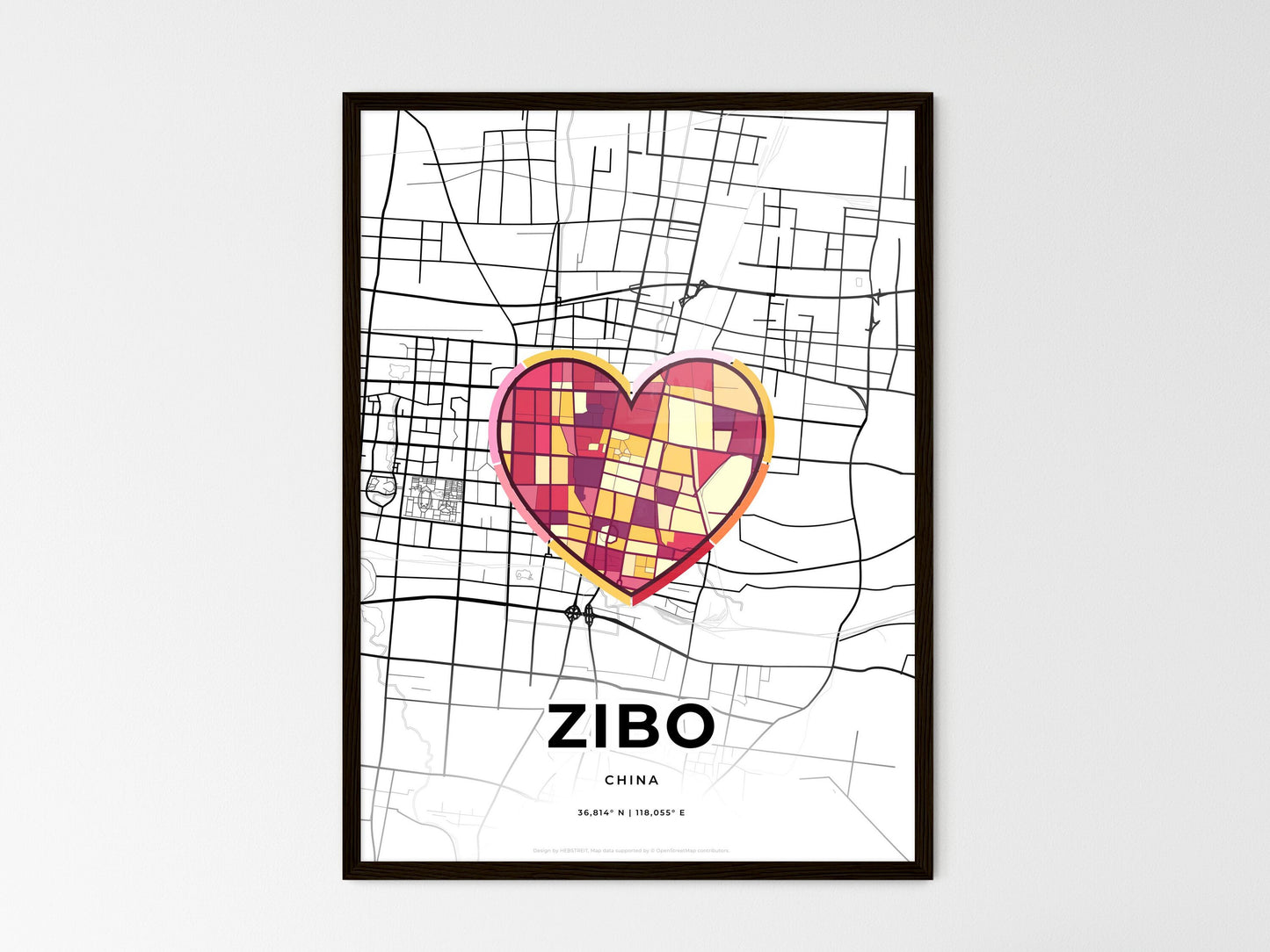 ZIBO CHINA minimal art map with a colorful icon. Where it all began, Couple map gift. Style 2