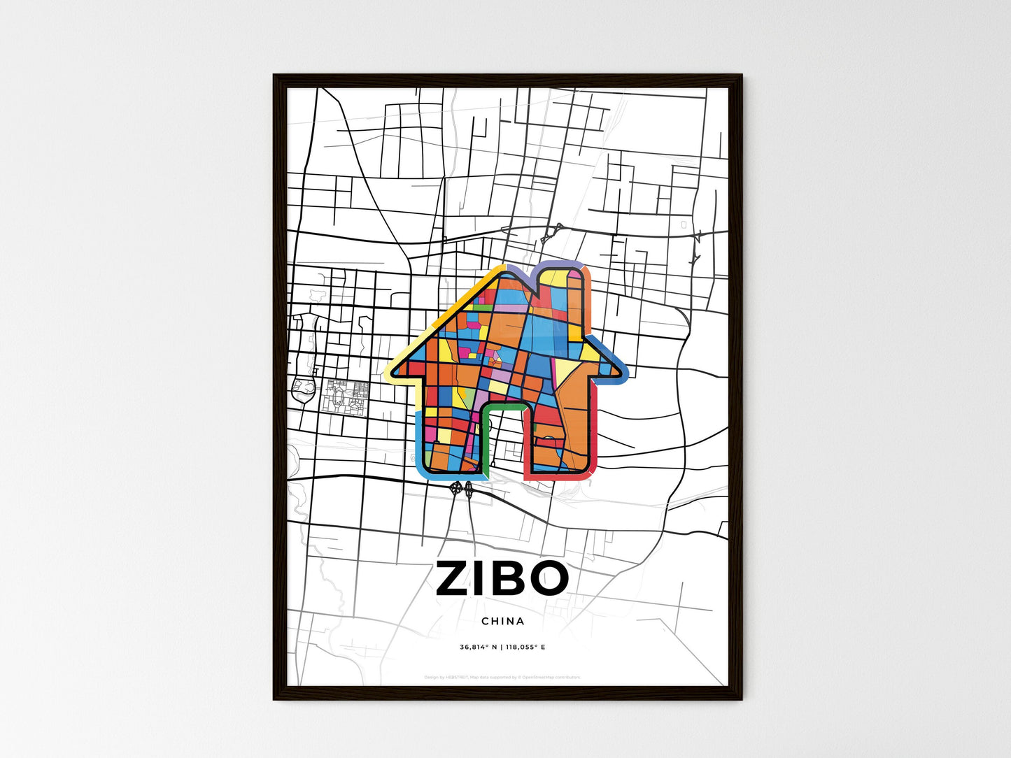 ZIBO CHINA minimal art map with a colorful icon. Where it all began, Couple map gift. Style 3