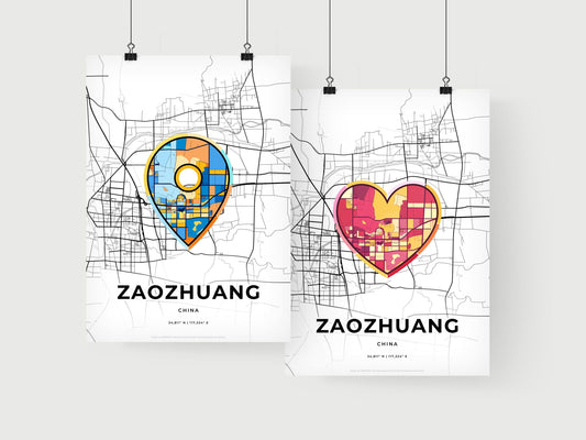 ZAOZHUANG CHINA minimal art map with a colorful icon. Where it all began, Couple map gift.