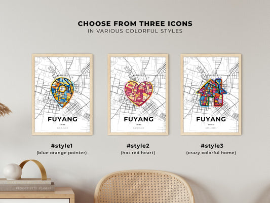 Fuyang China maps with colorful icons