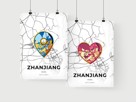 ZHANJIANG CHINA minimal art map with a colorful icon. Where it all began, Couple map gift.