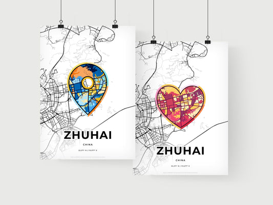 ZHUHAI CHINA minimal art map with a colorful icon. Where it all began, Couple map gift.