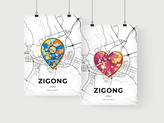 ZIGONG CHINA minimal art map with a colorful icon. Where it all began, Couple map gift.