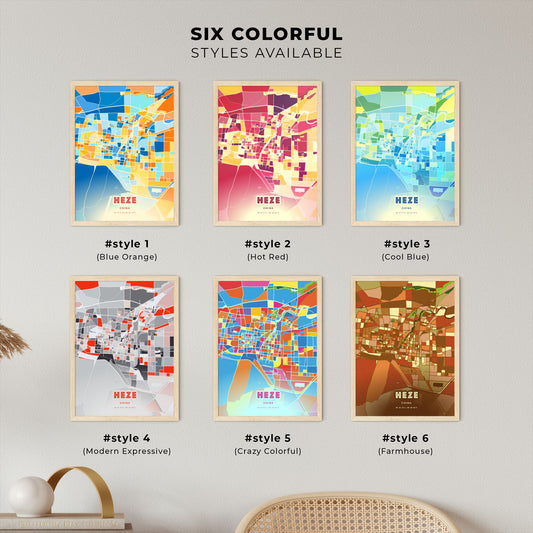 Colorful HEZE CHINA Fine Art Map Blue Orange