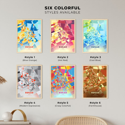 Colorful RUGAO CHINA Fine Art Map Blue Orange