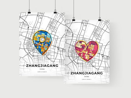 ZHANGJIAGANG CHINA minimal art map with a colorful icon. Where it all began, Couple map gift.