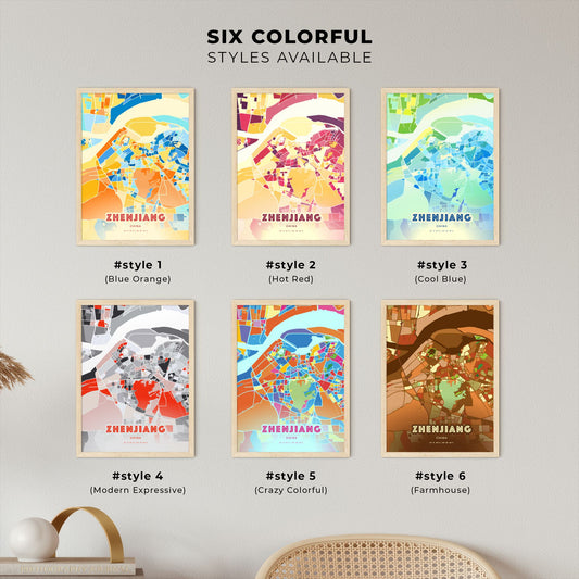 Colorful ZHENJIANG CHINA Fine Art Map Blue Orange
