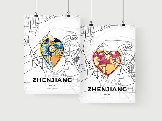 ZHENJIANG CHINA minimal art map with a colorful icon. Where it all began, Couple map gift.