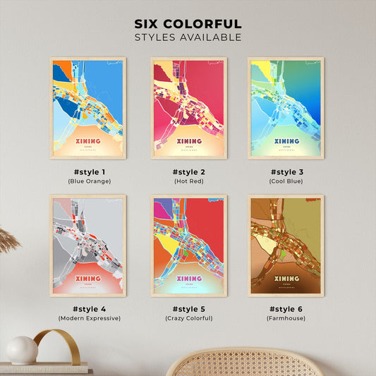 Colorful XINING CHINA Fine Art Map Blue Orange