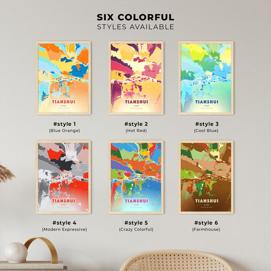 Colorful TIANSHUI CHINA Fine Art Map Blue Orange