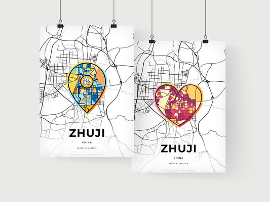 ZHUJI CHINA minimal art map with a colorful icon. Where it all began, Couple map gift.